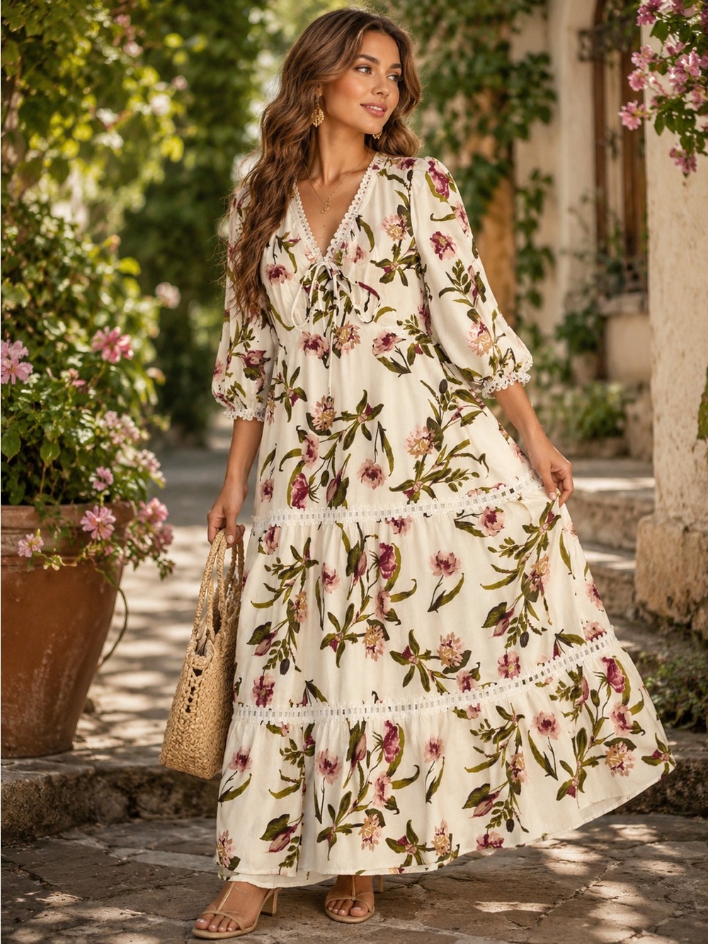 Calypso St. Barth White Maxi Dress with Pink & Green Floral Print